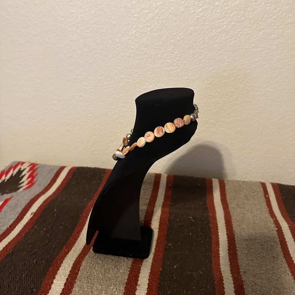 Hand Crafted Gold/Red/Cream/Rust Spiney Oyster & Sterling Silver Necklace - Picture 2 of 4